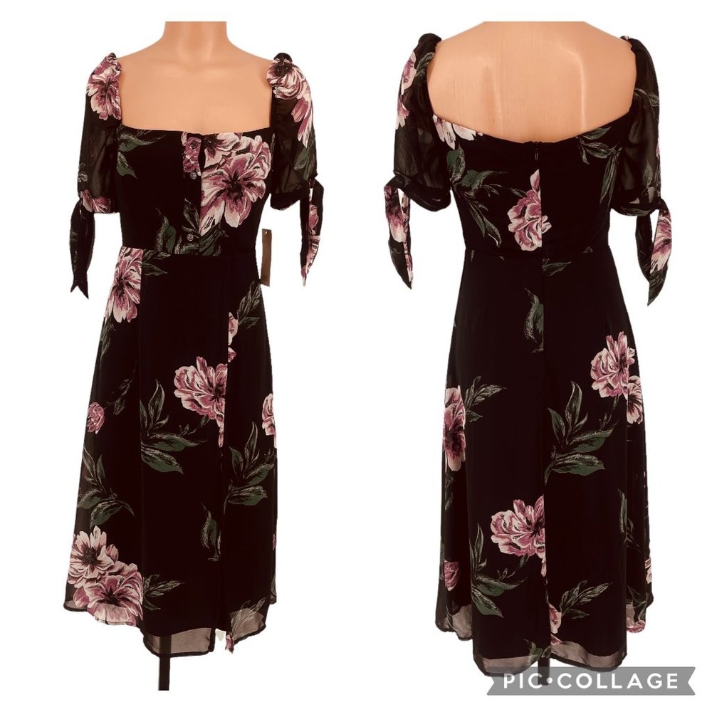 Tobi Feelin Floral Side Slit Midi Dress sz SP Black Square Neck Short Sleeve Tie - Picture 2 of 9